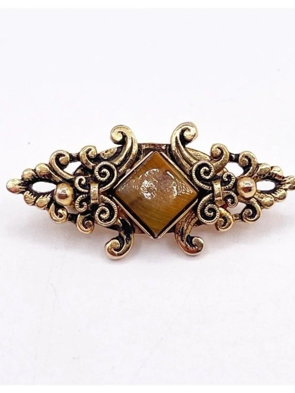 Vintage Tiger Eye Brooch Gold Tone Victorian Revival Scroll Bar Pin Ornate